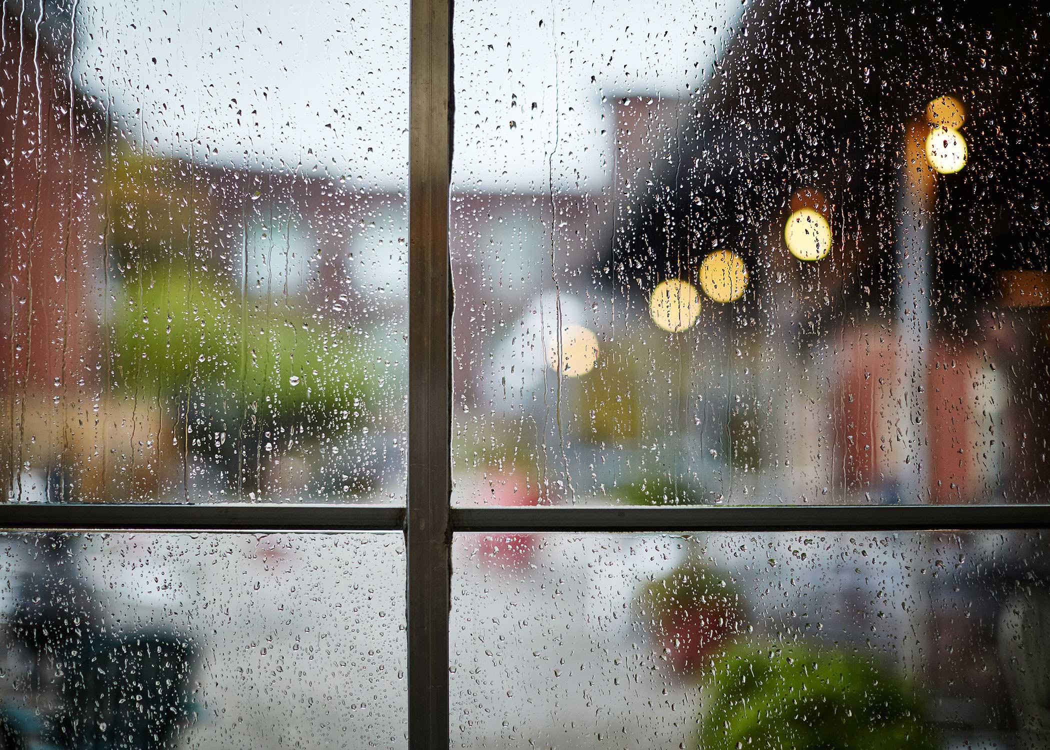 A rainy window at Northwest Coffee Roasting in St. Louis, Missouri.